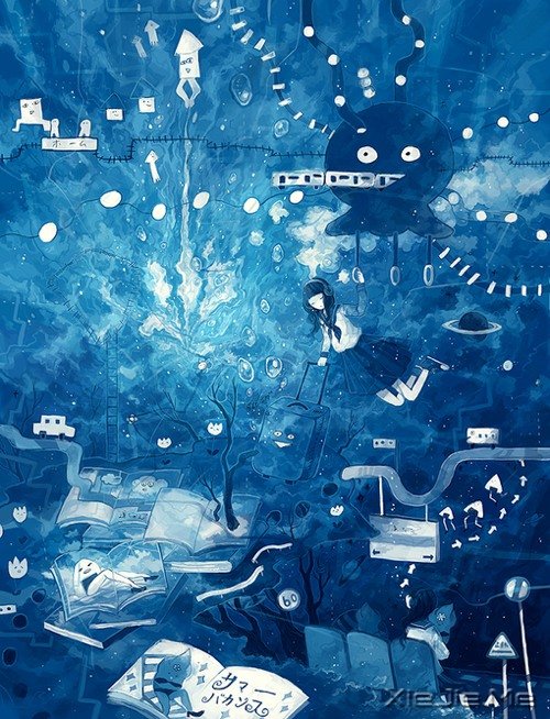 唯美蓝色调插画图片